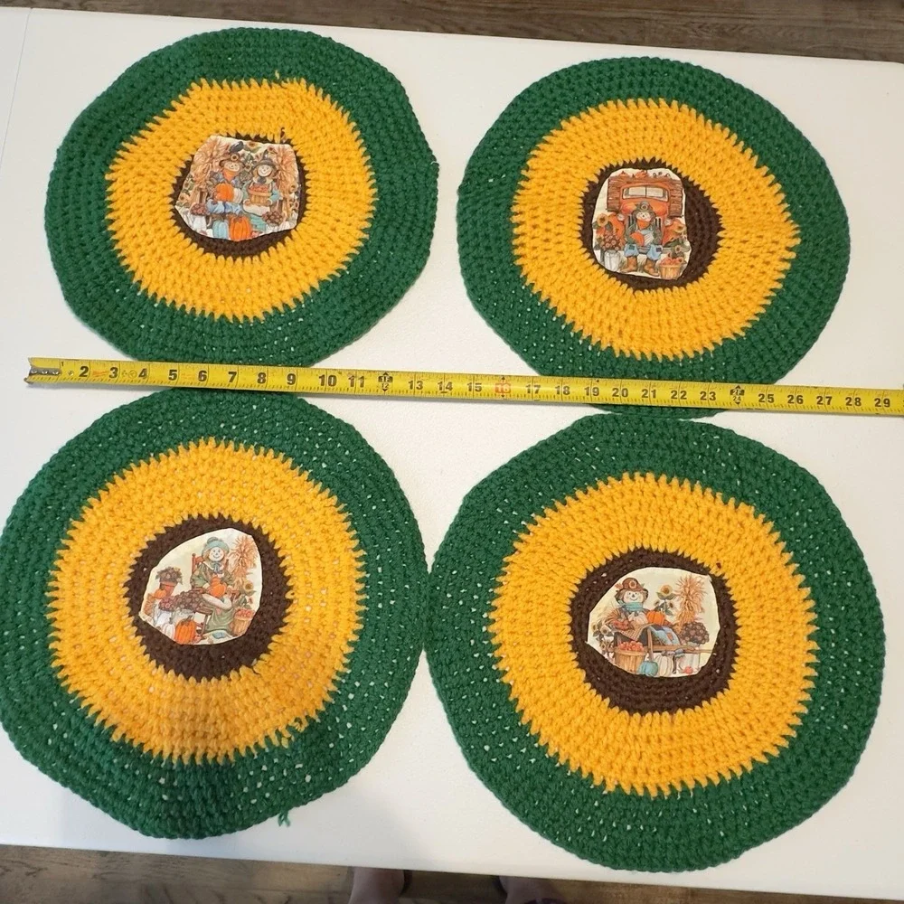 Vintage Green Yellow Crocheted Placemats Set of 4, Handmade Round 13